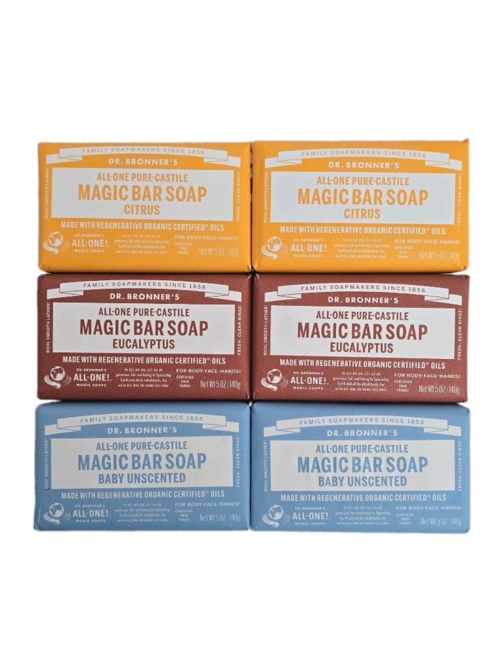 Dr Bronners All-One Pure-Castile Magic Soap Bars 6PK Citrus Unscented Eucalyptus